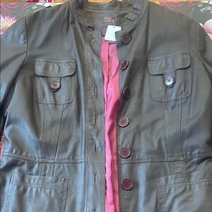 Women's brown Leather Button-Front Jacket with Pink Lining